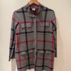 Anne Klein Gray and Red Plaid sweater Jacket. Dry cleaned!